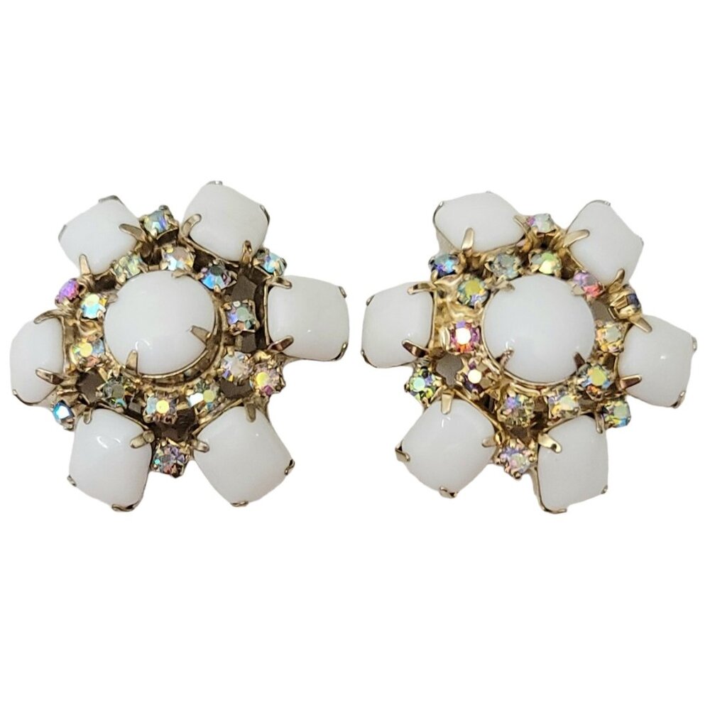 Gold Tone White Milk Glass AB Rhinestone Round Cluster Clip On Earrings
